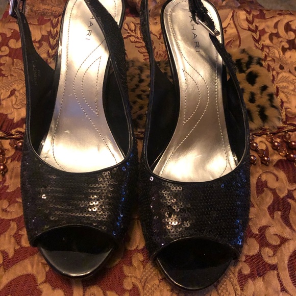 Tahari Black Sequin Peep Toe Slingbacks - Picture 1 of 10